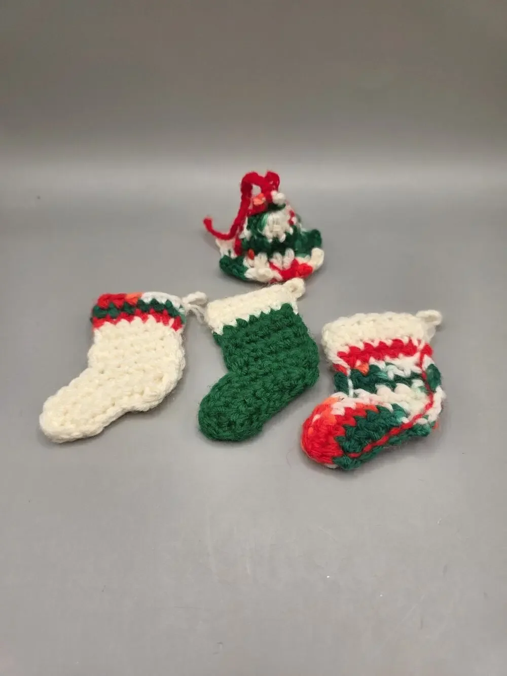 Vintage Crocheted Christmas Ornaments Lot of 4 Mini Stockings & Hat Handmade
